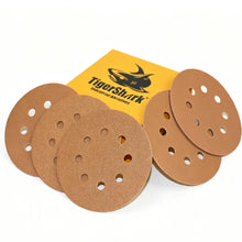 Cargar imagen en el visor de la galería, Almohadillas de lijado con velcro de 5 pulgadas y 8 orificios, papel dorado, paquete de 50 Uds. Grit60-400