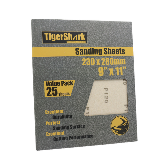 TigerShark Klettverschluss-Schleiftuch und Schleifpapier auf der Rückseite, Körnung 22,9 x 27,9 cm, 25 Stück, Schleiftuch, Gold-Linie, spezielle Anti-Verstopfungs-Beschichtung 