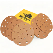 Cargar imagen en el visor de la galería, Almohadillas de lijado con velcro de 6 pulgadas y 17 orificios, papel dorado, paquete de 50 Uds. Grit60-400
