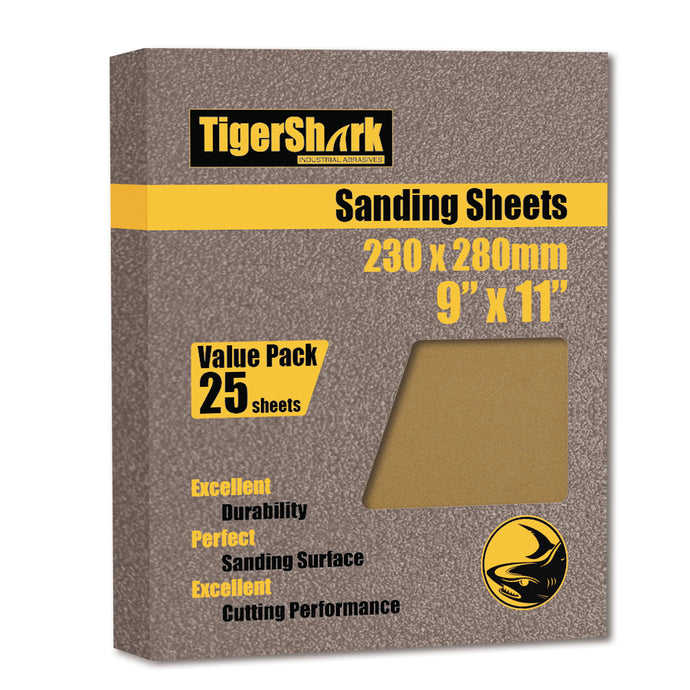 Tigershark Hojas de lija con respaldo de papel de 9 pulgadas por 11 pulgadas, paquete de 25 piezas Grit80-400
